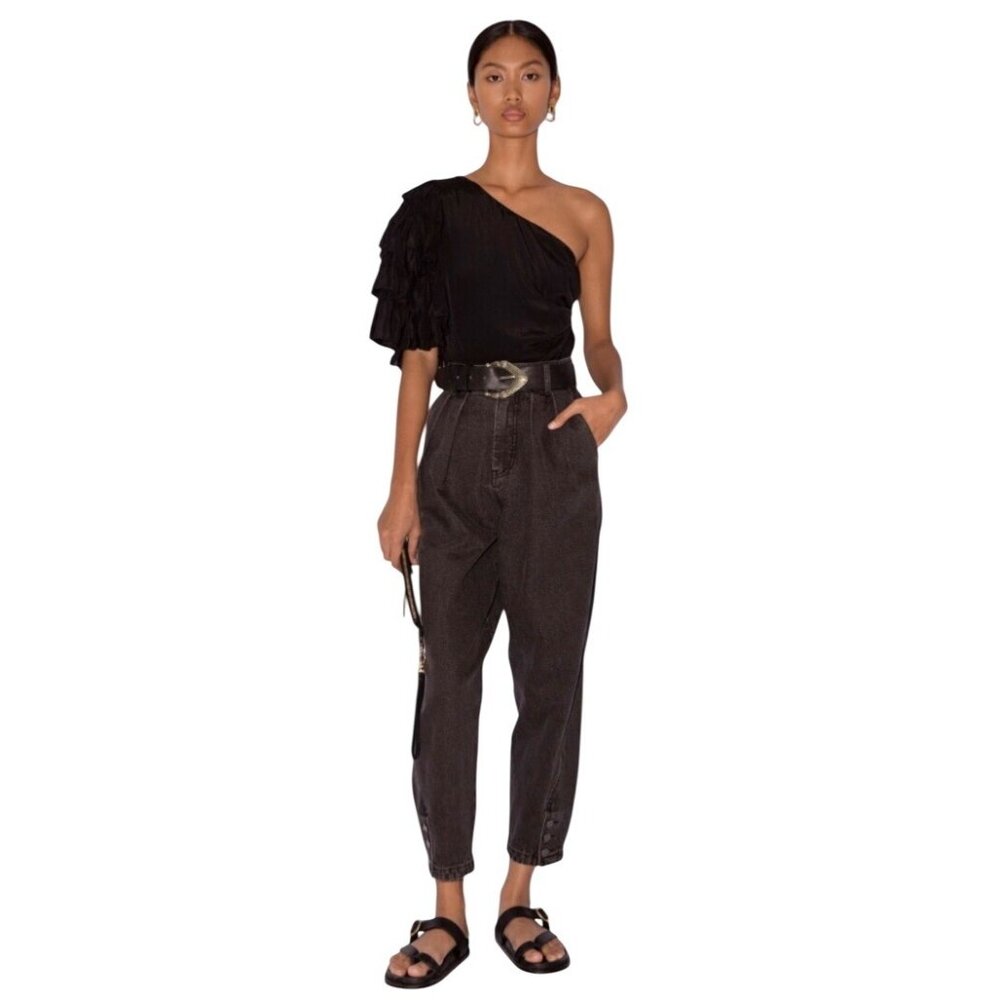 Magali Pascal Desa Black One-Shoulder Ruched Ruffled Top – NEW Size Small - Picture 2 of 9